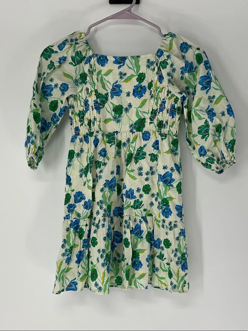 Draper James Girls Blue Green Floral Linen Smocked Puff Sleeve Dress Sz M Kids